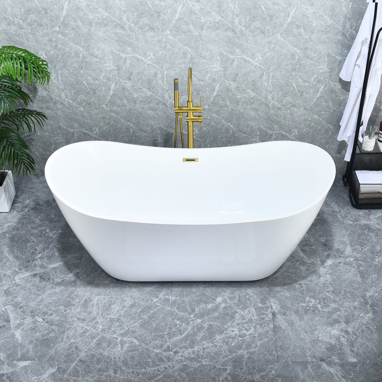 Vansza 67" x 32" Flatbottom Freestanding Acrylic Soaking Bathtub in Glossy White with Drain and Overflow