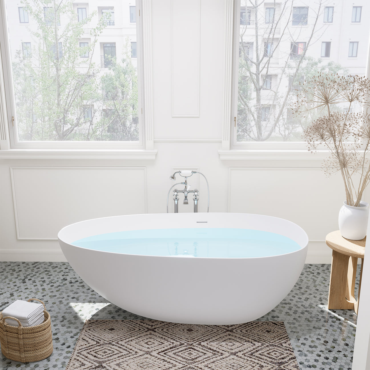 Giotto Solid Surface Soaking Bathtub in Matte White with Matte White Drain and Integrated Overflow