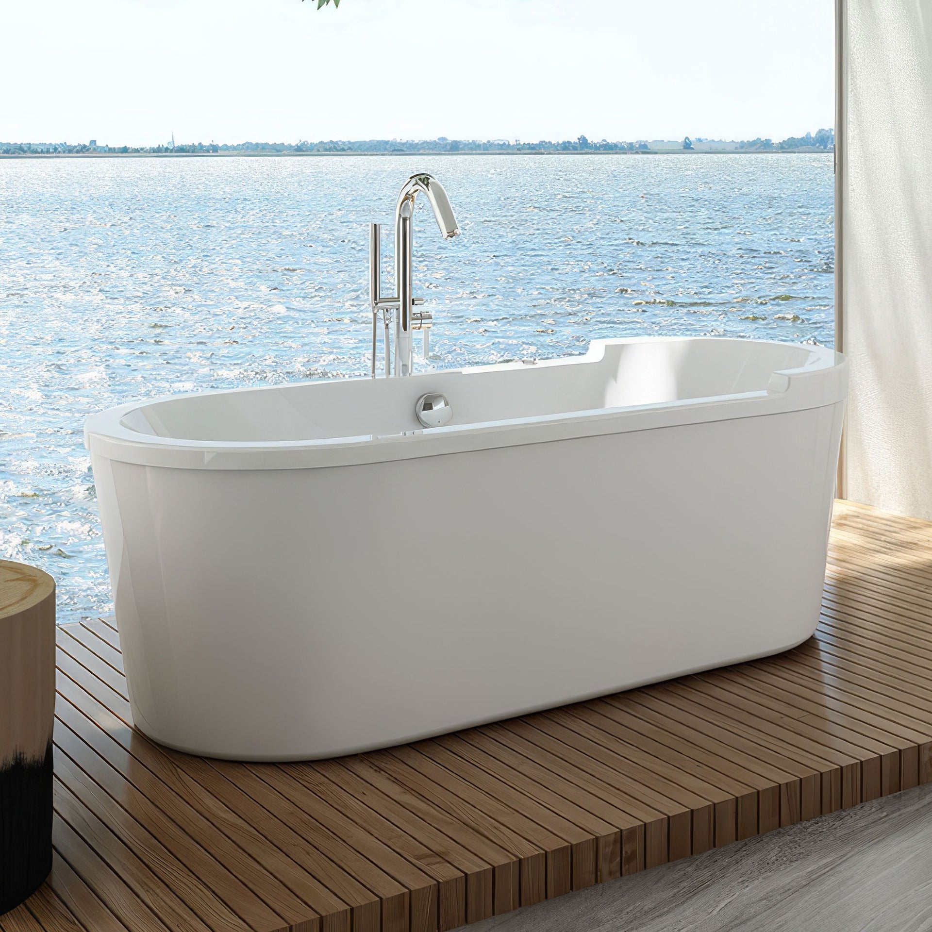 Bathhaus Oval Double Ended Single Sided Armrest Freestanding Lucite Acrylic Bathtub with a Chrome Mechanical Pop-up Waste and a Chrome Center Drain with Internal Overflow
