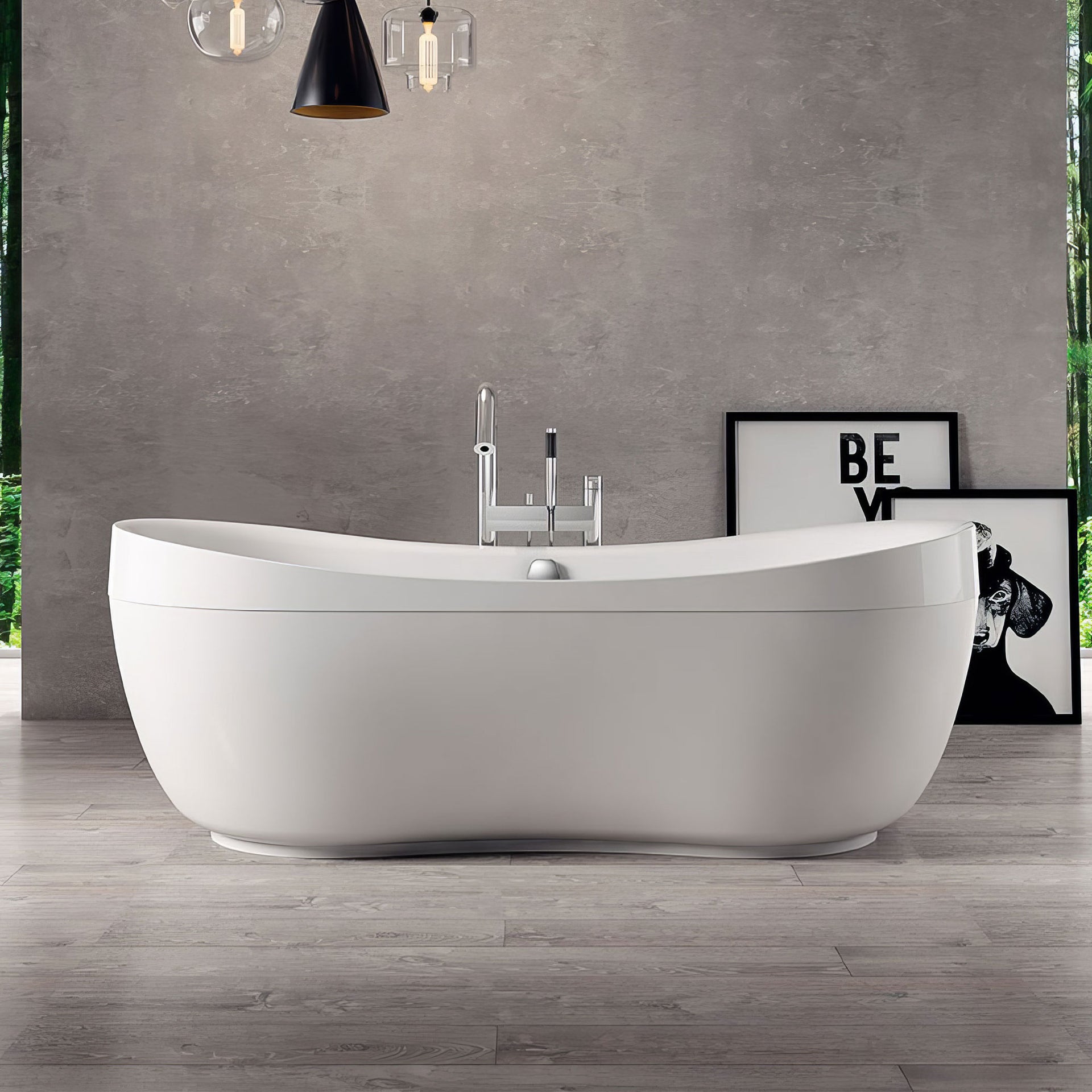 Bathhaus Oval Double Ended Lucite Acrylic Freestanding Bathtub with Curved Rim and a chrome mechanical pop-up waste and chrome center drain with internal overflow